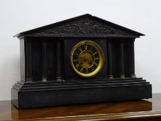 Large Victorian polished slate architectural mantle clock with six columns,