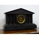 Large Victorian polished slate architectural mantle clock with six columns,