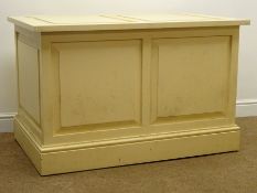 Country house log chests, fielded panels, hinged lid, plinth base on castors, W114cm, H72cm,