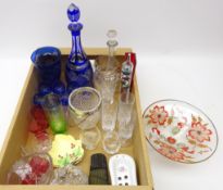 Blue flash cut decanter and six liqueur glasses, matching vase, two Carlton ware leaf shaped dishes,