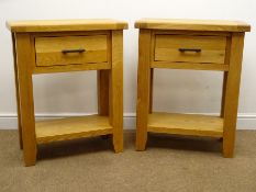 Solid light oak side table, single drawer, square supports joined by solid undertier, W65cm, H81cm,