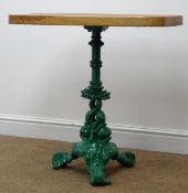 Early 20th century oak occasional table, ornate cast iron column on three scrolled supports, W73cm,