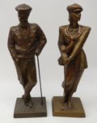 Two Austin bronzed male and female Golfers, stood with golf clubs on square base,