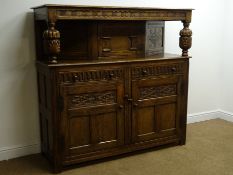 Early 20th century oak court cupboard, moulded top, cup and cover carved supports,