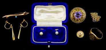 Victorian 15ct gold (tested) amethyst shield brooch, gold turquoise set brooch, necklace,