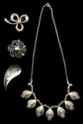 Danish silver and crystal flower design necklace by Hermann Siersbol,