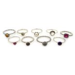 Nine stone set silver Pandora rings,