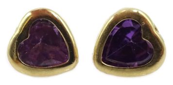 Pair of 9ct gold amethyst heart earrings,