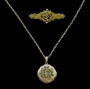9ct gold locket pendant necklace, hallmarked and an Edwardian gold brooch,