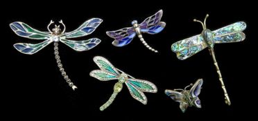 Silver plique-a-jour and marcastise dragonfly brooch,