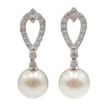 Pair of 18ct white gold diamond and pearl pendant earrings,