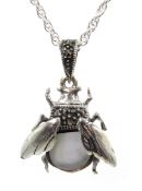 Silver mother of pearl and marcasite bug pendant necklace,