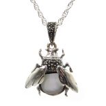 Silver mother of pearl and marcasite bug pendant necklace,