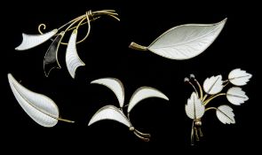 Collection of Danish silver and enamel jewellery including leaf brooch by Volmer Bahner,