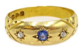 Victorian 18ct gold three stone sapphire and diamond ring,