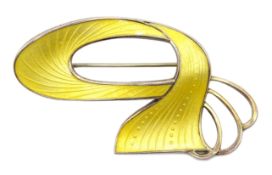 Norwegian silver and yellow enamel ribbon brooch by Ivar T Holth,