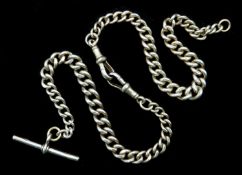 WITHDRAWN *** White gold tapering double Albert watch chain with T bar and clips hallmarked,