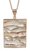 Rose gold on silver large rectangular pendant necklace,