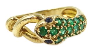 9ct gold green and blue stone set snake ring, hallmarked Condition Report Approx 3.