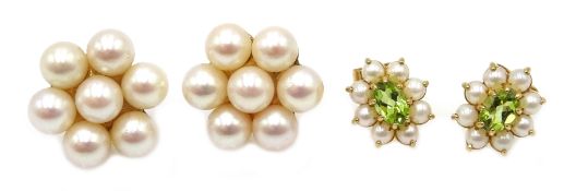 Pair of gold peridot and pearl cluster earrings and pair of gold pearl flower design earrings both