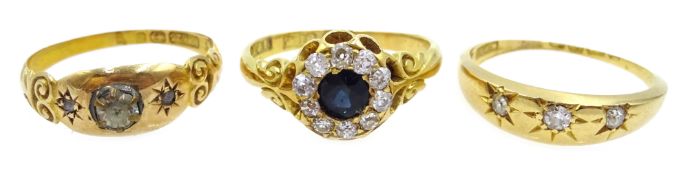 Edwardian 18ct gold sapphire and diamond cluster ring, hallmarked,