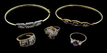 Gold diamond key design ring, stone set bangle, amethyst bangle and stone set swirl ring,