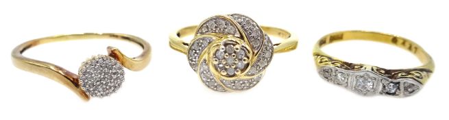 Gold old cut diamond set ring, stamped 18ct and two other diamond cluster rings,