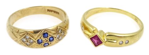 18ct gold ruby and diamond ring, stamped 750 and 9ct gold saphire and diamond ring,