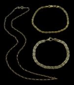 Two gold bracelets and gold necklace, all hallmarked 9ct Condition Report Approx 11.