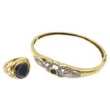 Diamond and sapphire gold hinged bracelet and an onyx intaglio gold ring both hallmarked