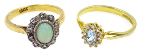 Gold opal and diamond cluster ring, stamped 18ct and 9ct gold aquamarine and diamond cluster ring,