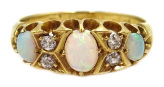 Edwardian 18ct gold three stone opal and four stone diamond ring,