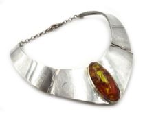 Large silver link necklace set with a single oval amber, makers mark G L C, Sheffield 1998,