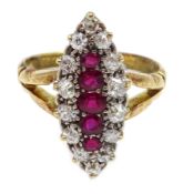 Victorian marquise shaped old cut diamond and ruby ring,