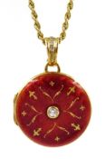 Victor Mayer for Faberge 18ct gold guilloche red enamel and diamond circular locket pendant,