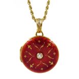 Victor Mayer for Faberge 18ct gold guilloche red enamel and diamond circular locket pendant,