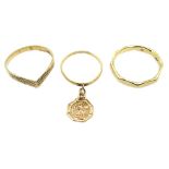 9ct gold ring with St Christopher charm, and two 9ct gold rings,