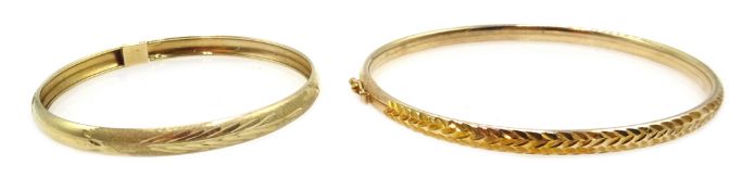 9ct gold bangle, hallmarked and child's 9ct gold (tested) bangle with engraved decoration, approx 6.