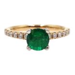 Rose gold round emerald ring with diamond set shoulders, hallmarked 18ct, emerald approx 0.