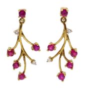 Pair of gold ruby and diamond branch design earrings,