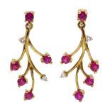 Pair of gold ruby and diamond branch design earrings,