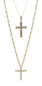 Gold cross pendant stamped 10K, on gold chain stamped 14K and one other, the cross hallmarked 9ct,