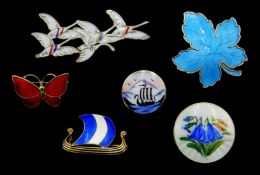 Scandinavian silver and enamel brooches including Danish geese brooch by Erik Magnussen,