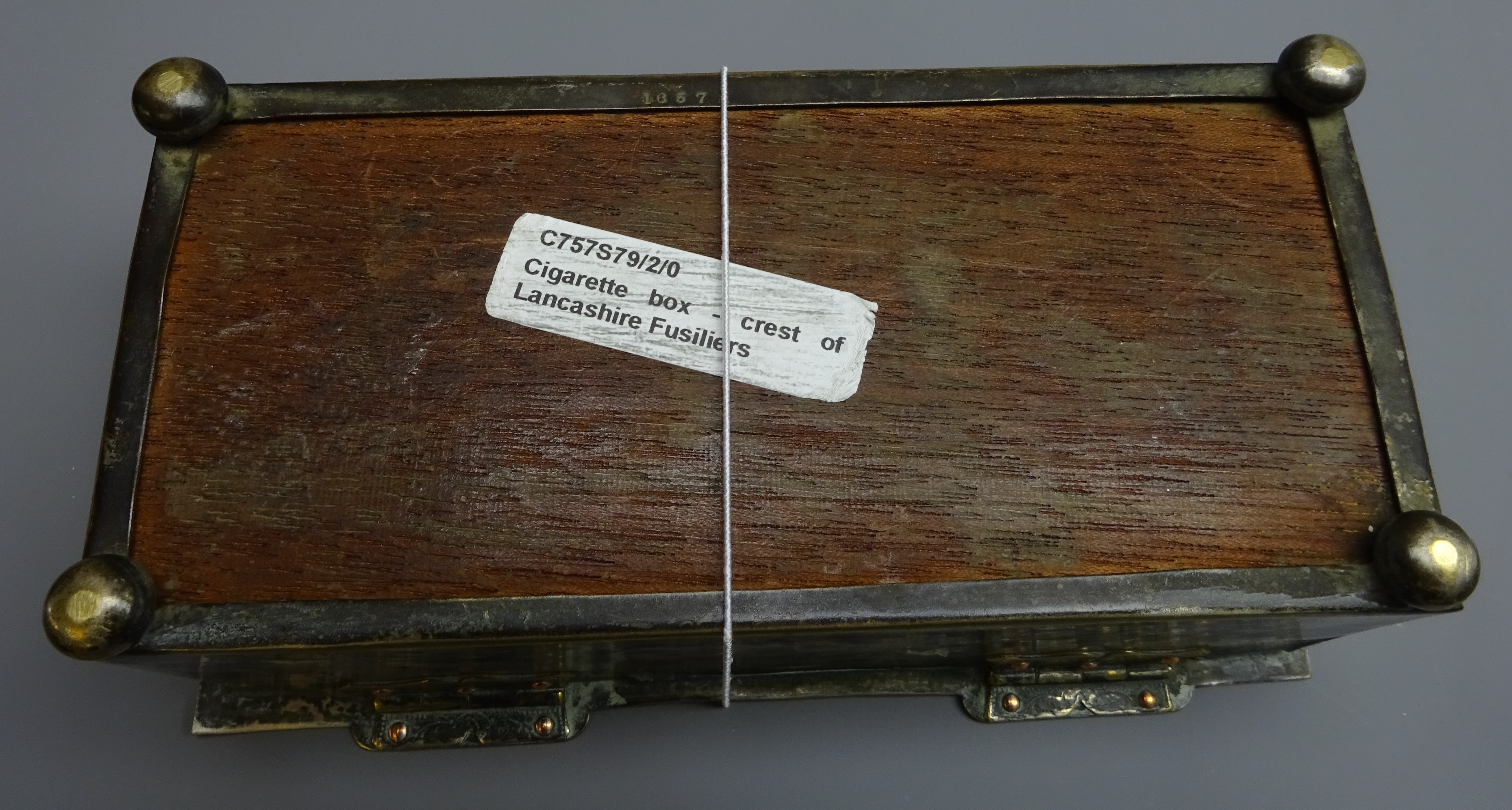 Lancashire Fusiliers table cigarette box, hammered silvered body with wood lined interior, - Image 7 of 7