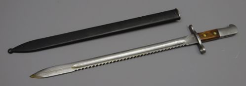 Swiss 1937 pattern Pioneers type bayonet, 48cm single fullered saw back blade stamped HS,