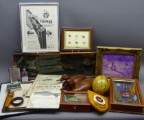 Four 1930's and later shotgun magazine adverts, three fishing dioramas, hips flasks,