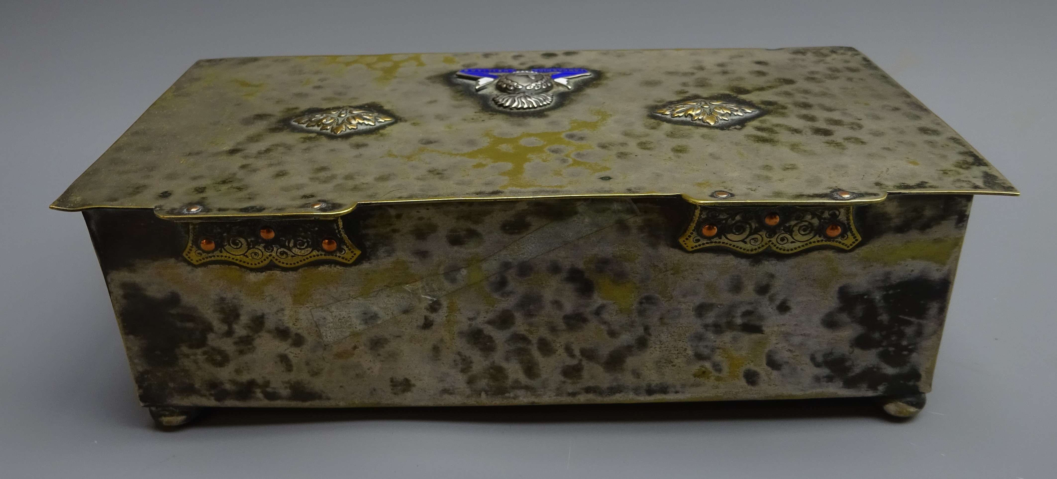 Lancashire Fusiliers table cigarette box, hammered silvered body with wood lined interior, - Image 5 of 7