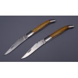 Two new JKR Inox pocket knives, 10cm blades with wooden slab handles,