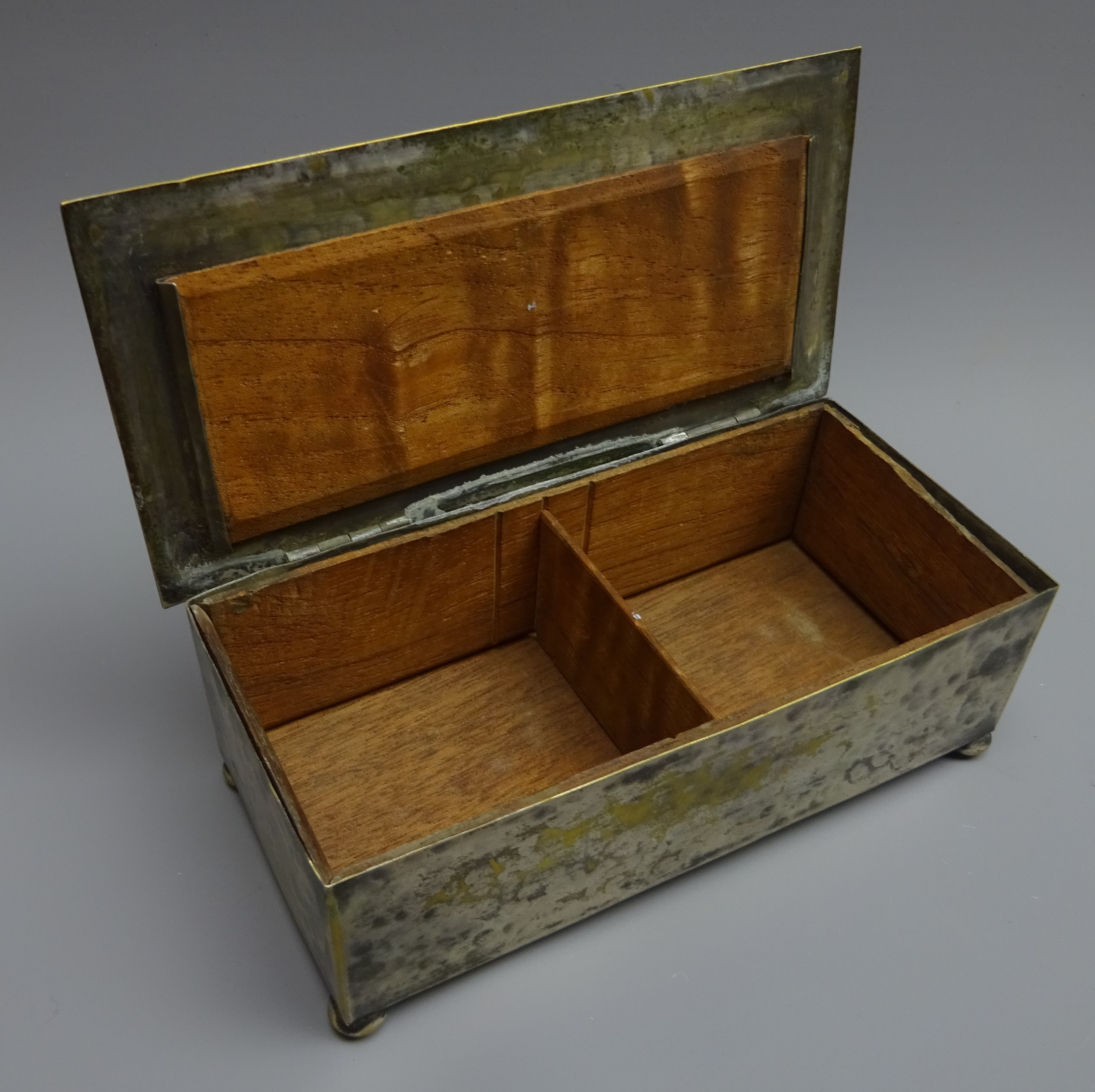 Lancashire Fusiliers table cigarette box, hammered silvered body with wood lined interior, - Image 3 of 7