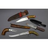 Hunting type knife, 18cm blade with antler handle in leather sheath, similar knife,